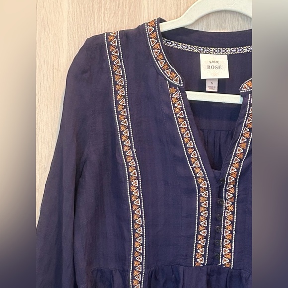 Knox Rose Shirts Womens Small Navy Blue BOHO V-Neck Tops Babydoll Bohemian - Picture 3 of 13